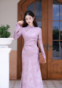 Modern Vintage-Inspired Purple Jacquard Satin Qipao | Mandarin Collar Long Sleeves