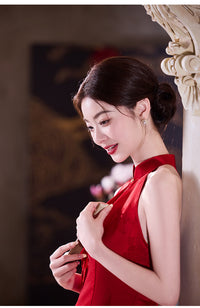 Festive Red Halter-Neck Jacquard Modern Qipao Maxi | Bias-Cut Slim Silhouette with Side Slit