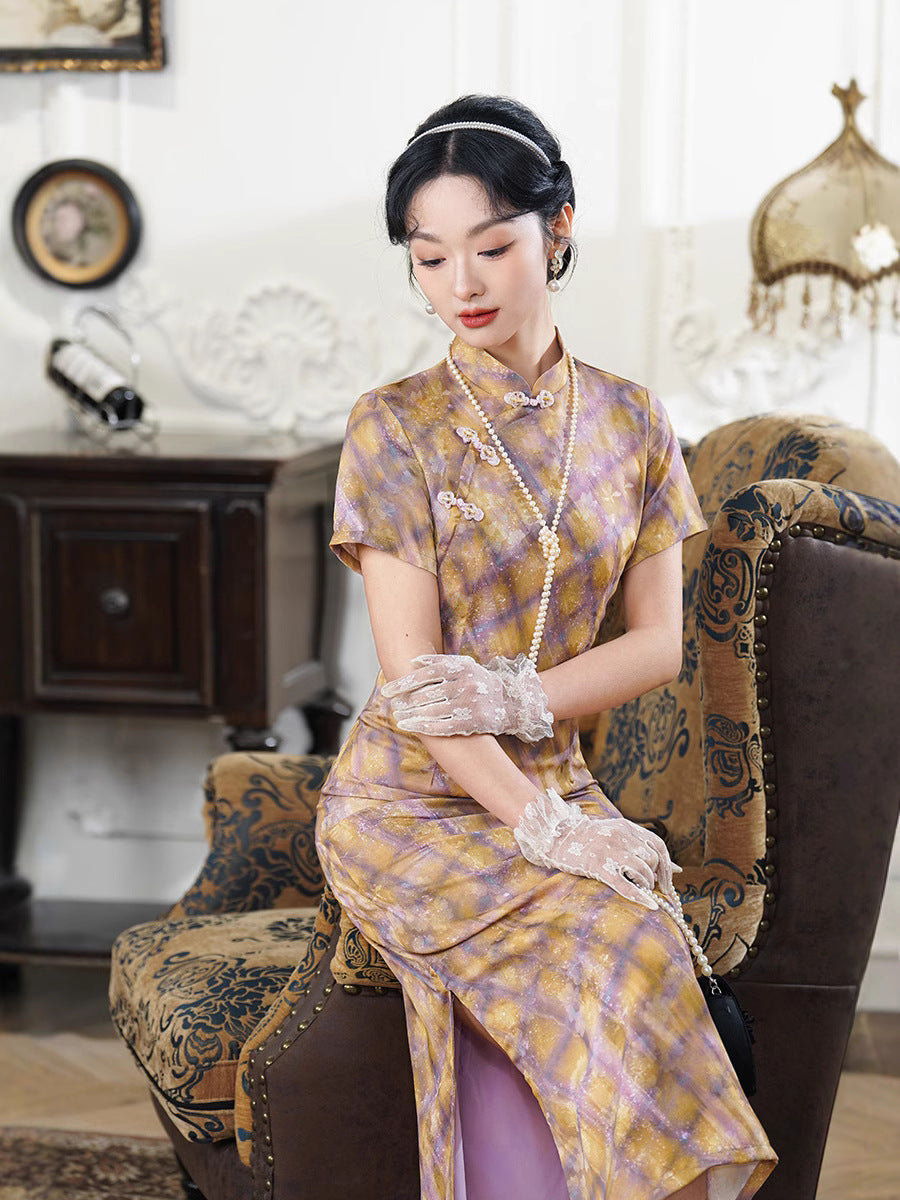 Vintage Checkered Qipao Long Dress | Golden-Violet Gradient Plaid