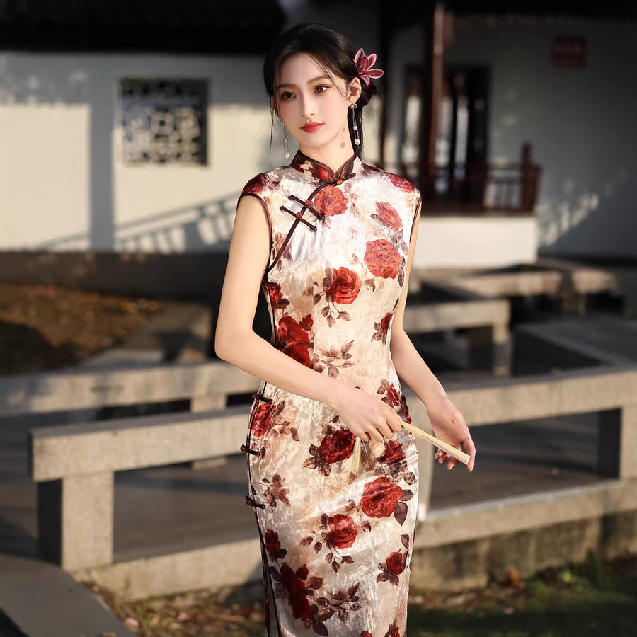 Ivory & Burgundy Rose Floral Qipao Dress | Vintage Slim Mandarin Collar Maxi Cheongsam