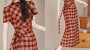 Red Check Modern Chinese Qipao Dress | Picnic & Day Trip Ready