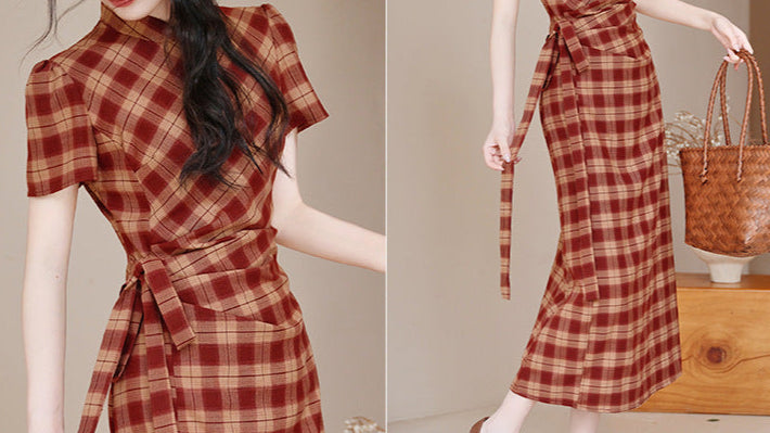 Red Check Modern Chinese Qipao Dress | Picnic & Day Trip Ready