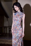 Sleeveless Slim Cheongsam Dress | Artistic Printed Evening Gown