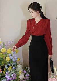 Modern Chinese Two-Piece Set – Red Pleated Top with Frog Buttons | High-Waist Straight Maxi Skirt