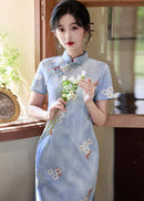Blue Modern Qipao Mini | Petite Slim Fit & Retro Short-Sleeve for Summer