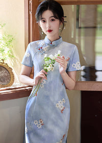 Blue Modern Qipao Mini | Petite Slim Fit & Retro Short-Sleeve for Summer
