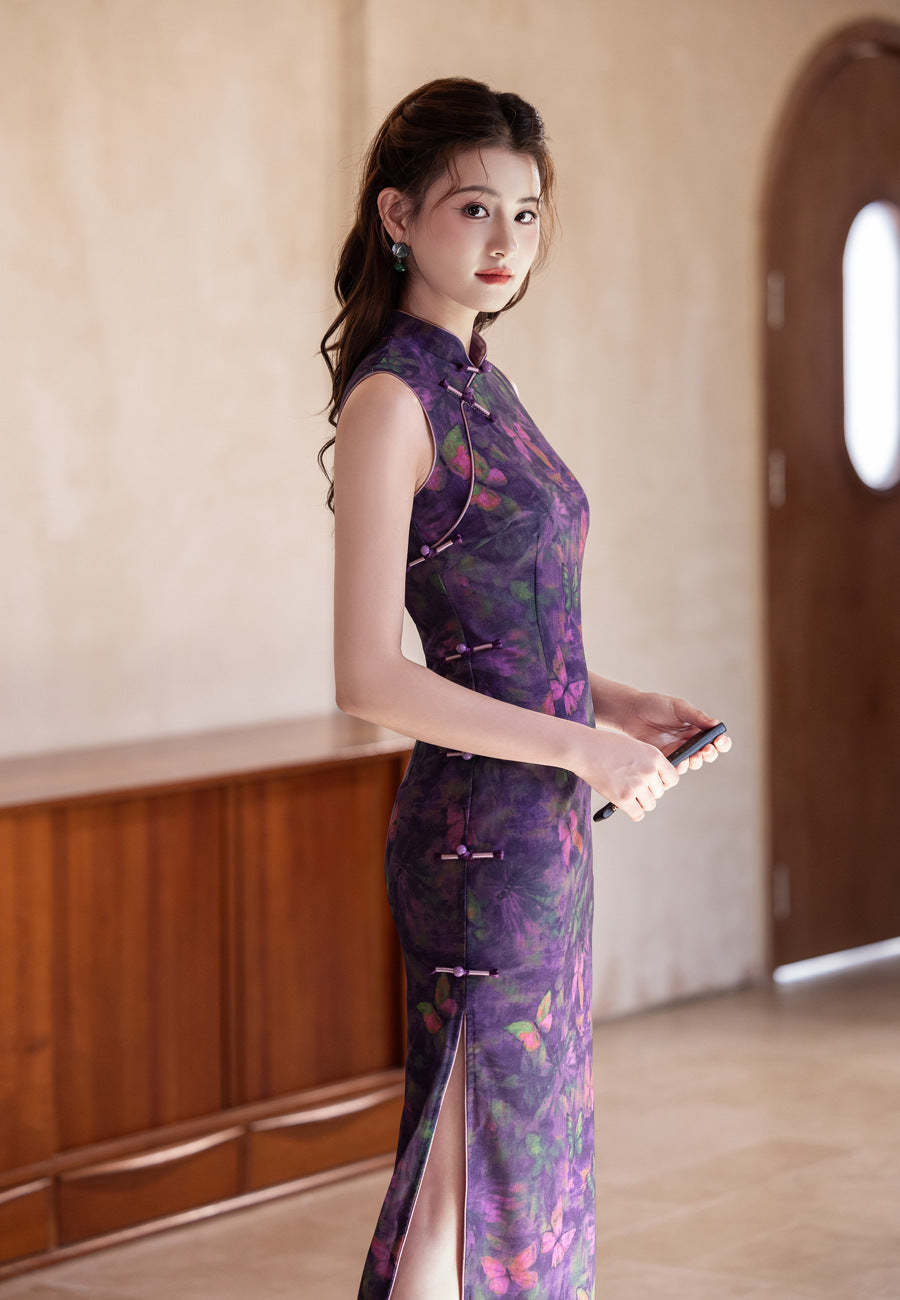 Purple Butterfly-Print Modern Qipao Midi | Sleeveless Mandarin Neck