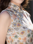 Ivory Floral Sleeveless Slim Long Qipao Dress | Mandarin Collar Frog Buttons Side Slit New Chinese Vintage Style