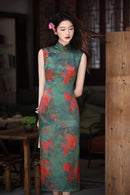 Pine-Green Watercolor Floral Qipao | Sleeveless Slim Long Dress with Side Slit