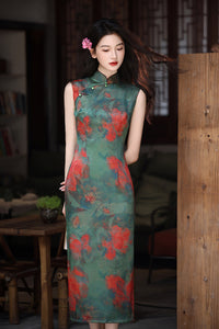 Pine-Green Watercolor Floral Qipao | Sleeveless Slim Long Dress with Side Slit