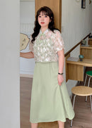 Plus Size New Chinese Style Frog Button Blouse & Slip Dress Set | Green/Black Option Elegant Two-Piece Outfit