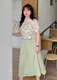 Plus Size New Chinese Style Frog Button Blouse & Slip Dress Set | Green/Black Option Elegant Two-Piece Outfit