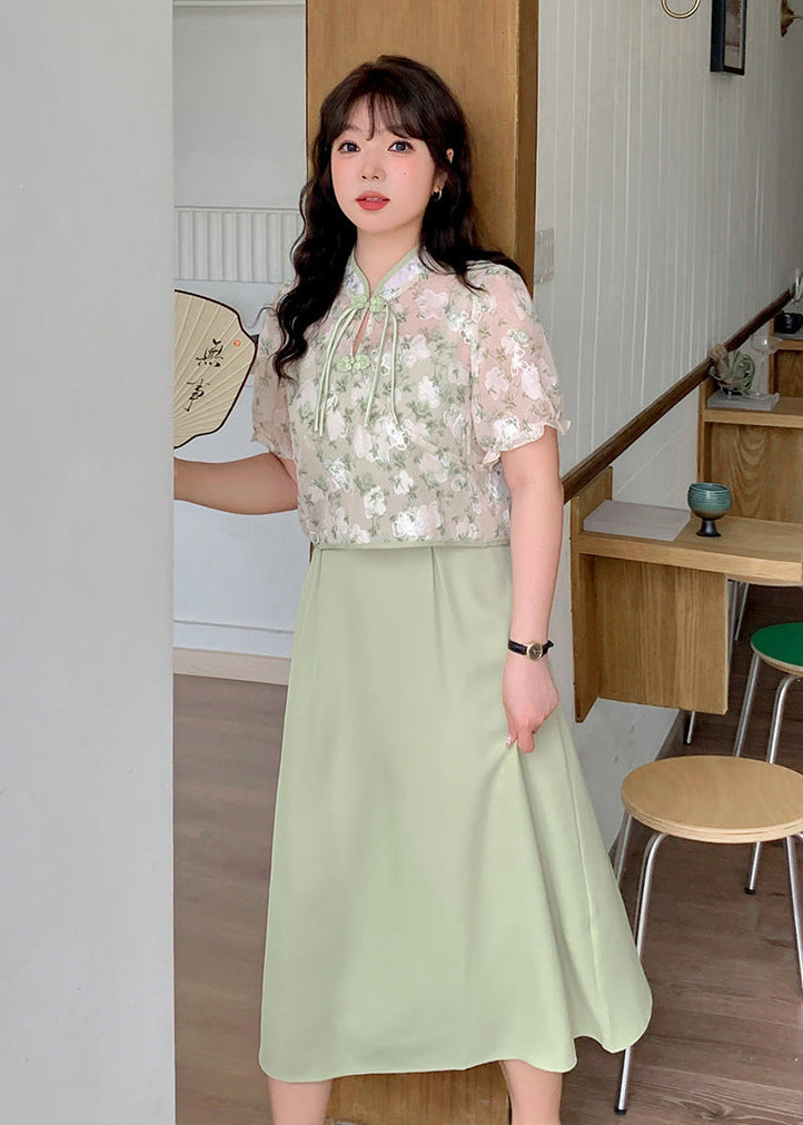 Plus Size New Chinese Style Frog Button Blouse & Slip Dress Set | Green/Black Option Elegant Two-Piece Outfit