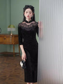 Black Lace-Paneled Qipao | Modern Mandarin, Slim Mid-Length Evening Dress