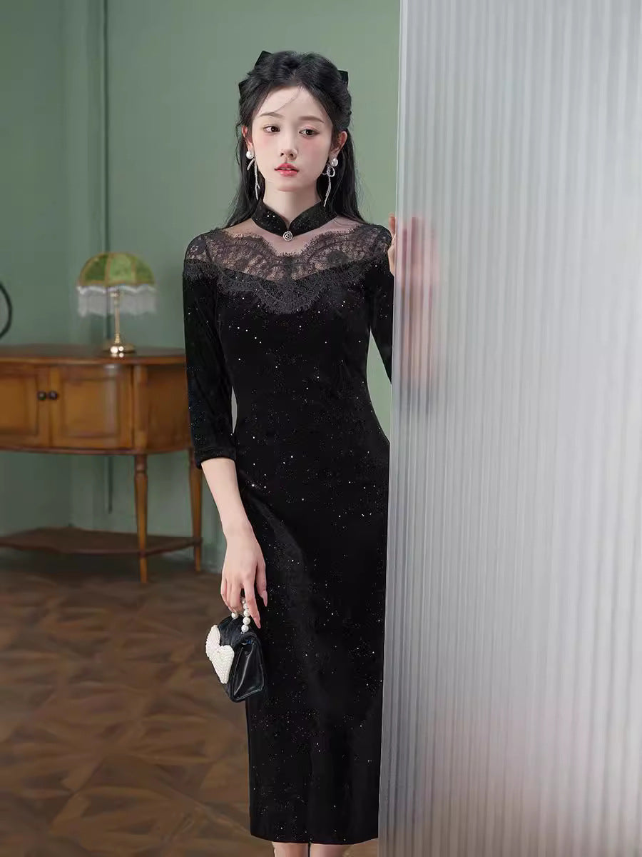 Black Lace-Paneled Qipao | Modern Mandarin, Slim Mid-Length Evening Dress