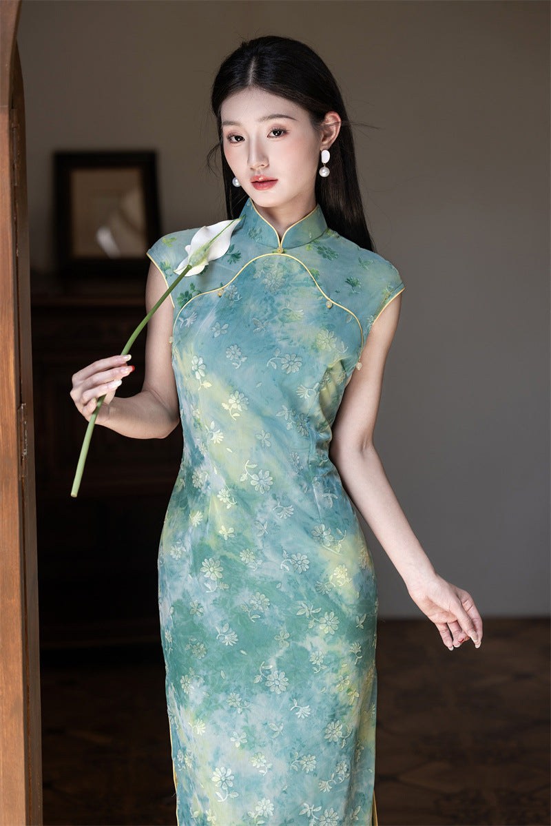 Misty Blue-Green Watercolour Floral Qipao Dress Sleeveless Slim Mandarin Collar Piping