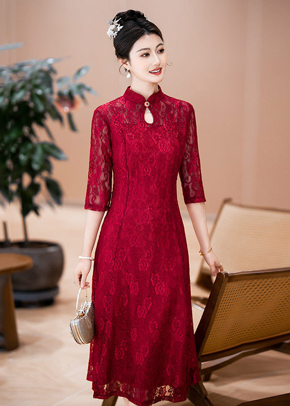 Red Plus Size Lace Mother Dress | Mandarin-Collar Tea-Length Gown