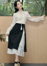 Modern Chinese Two-Piece Set | Tassel Frog-Button Blouse & Layered Wrap Skirt