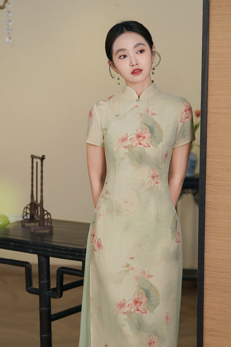 Mint-Green Watercolor Lotus Qipao Midi | Mandarin Short Sleeves