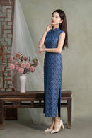 Dusty Blue Jacquard Sleeveless Long Qipao Dress | Mandarin Collar Slim Vintage Banquet Gown