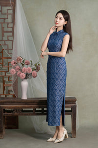 Dusty Blue Jacquard Sleeveless Long Qipao Dress | Mandarin Collar Slim Vintage Banquet Gown