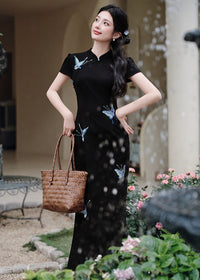Black Butterfly Embroidered Slim Long Qipao | Side Slit