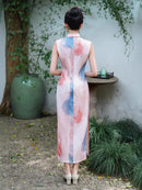 Watercolor Ombre Sleeveless Qipao Maxi | Pink–Blue Mandarin Collar