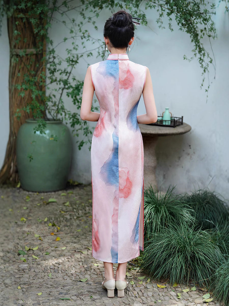 Watercolor Ombre Sleeveless Qipao Maxi | Pink–Blue Mandarin Collar