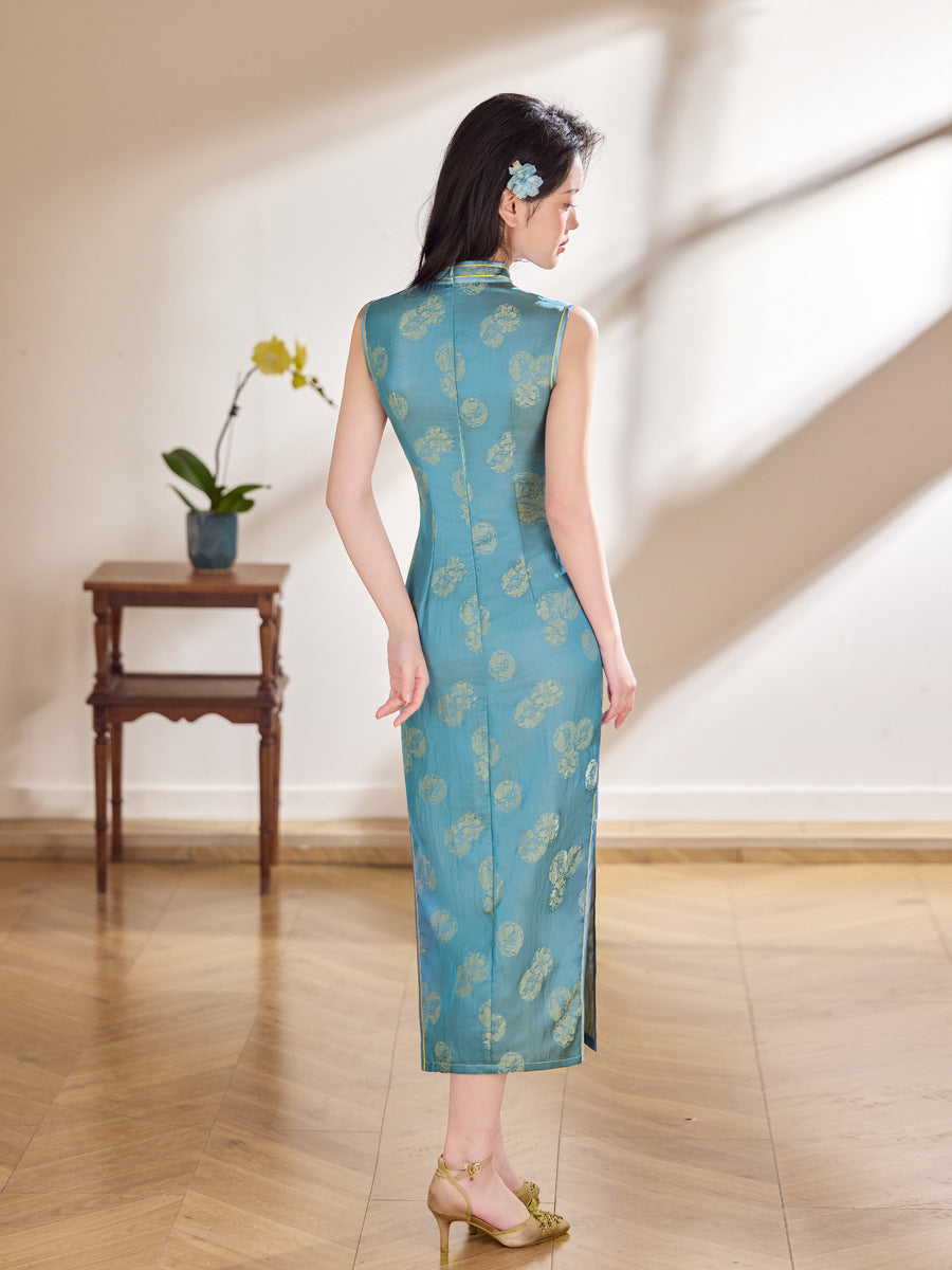 Peacock Blue Geometric Jacquard Sleeveless Qipao Maxi Dress | Mandarin Collar Slim Slit Cheongsam