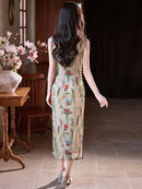 Watercolor-Print Sleeveless New-Chinese Qipao Dress | Morandi Tones, Slim Midi with Side Slit