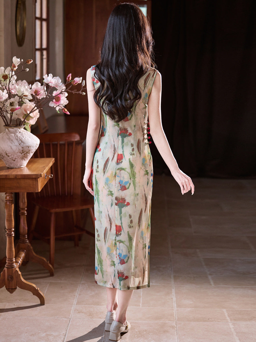 Watercolor-Print Sleeveless New-Chinese Qipao Dress | Morandi Tones, Slim Midi with Side Slit