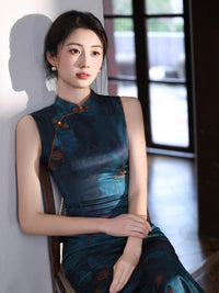 Deep Teal Floral Qipao Dress | Modern Chinese Sleeveless Mandarin Collar Slim Midi Dress