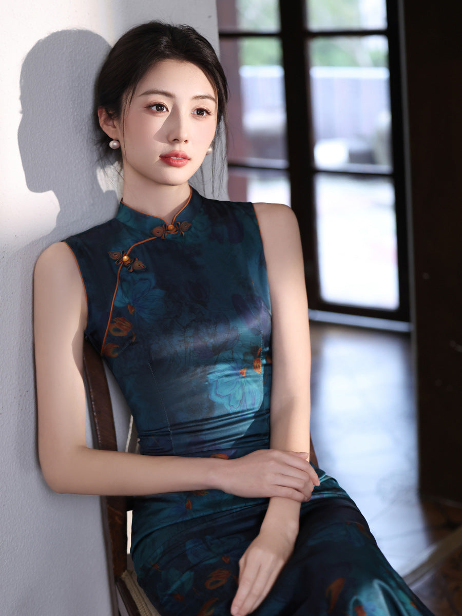 Deep Teal Floral Qipao Dress | Modern Chinese Sleeveless Mandarin Collar Slim Midi Dress