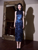 Vintage Sleeveless Qipao Dress with Satin Iridescent Floral Print | Chinese Elegant Design Gown