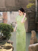 Modern Chinese Light Green Jacquard Qipao Dress | Mandarin Collar Frog Buttons Slim Side Slit Maxi