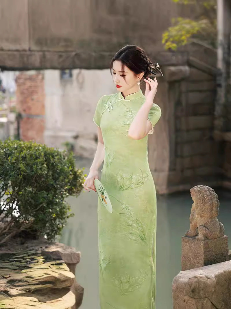 Modern Chinese Light Green Jacquard Qipao Dress | Mandarin Collar Frog Buttons Slim Side Slit Maxi