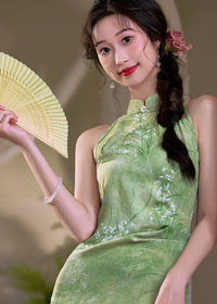 Cool-Green Modern Chinese Qipao | Sleeveless Mandarin Maxi Dress