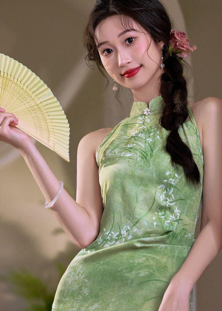 Cool-Green Modern Chinese Qipao | Sleeveless Mandarin Maxi Dress