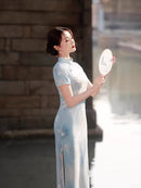 Ink-Wash Crane Print Qipao Dress | Slim Mandarin Collar & Side Slit | Mist Blue & Jade Green