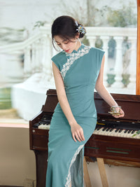 Vintage Cool Tone Qipao | Acetate Faux Hand-Grabbed Floral Design | Elegant Blue Slim Dress