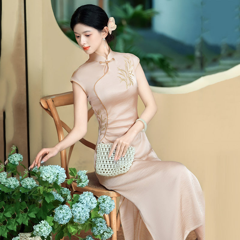 Bamboo Embroidered Qipao Dress | Champagne Mandarin Collar Slim Chinese Dress | HANGRACE