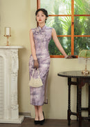 Purple Floral Branch Qipao Dress for Women | Mandarin Collar Frog Button Slim Fit Elegant Dress