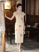 Playful Horse Print Qipao | Cream Vintage Chinese Cheongsam Midi Dress