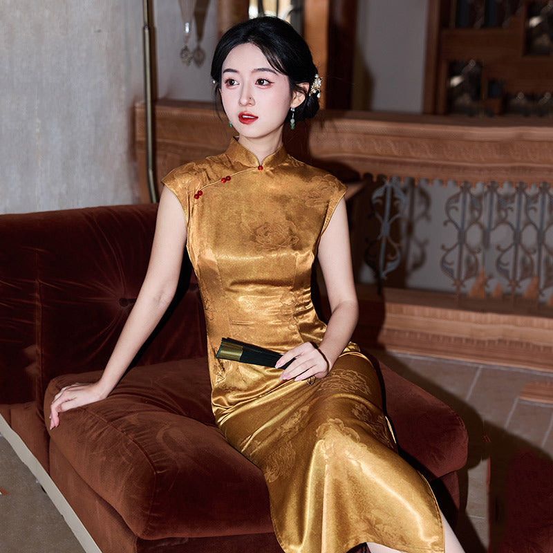 New Chinese Gold Jacquard Qipao Dress | Cap Sleeve Mandarin Collar Frog Button High Slit Maxi Gown