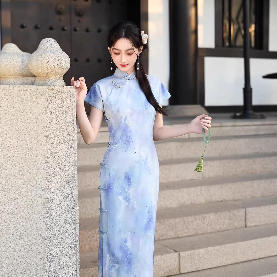 Blue Ink-Shadow Print Sleeveless Qipao Dress | Mandarin Collar Slim Maxi Cheongsam