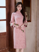 Jacquard Qipao | Mandarin Collar 3/4 Sleeve Midi Dress