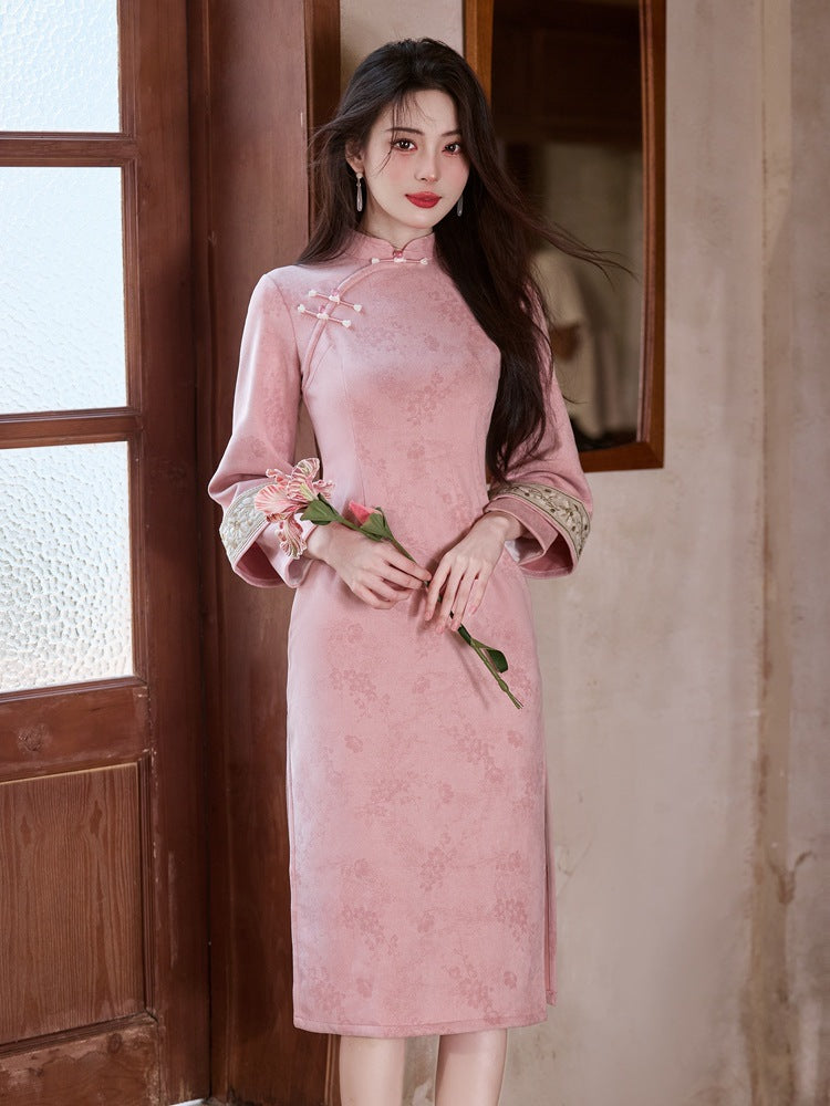Jacquard Qipao | Mandarin Collar 3/4 Sleeve Midi Dress