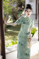 Long Double-Jacquard Cheongsam | Modern Short-Sleeve Mandarin Dress