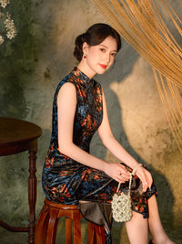 Black Rust Floral Velvet Sleeveless Qipao Dress | Slim Mandarin Midi