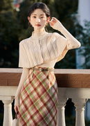 High-Waist Plaid Wool Skirt Set | Two Knit Tops Options